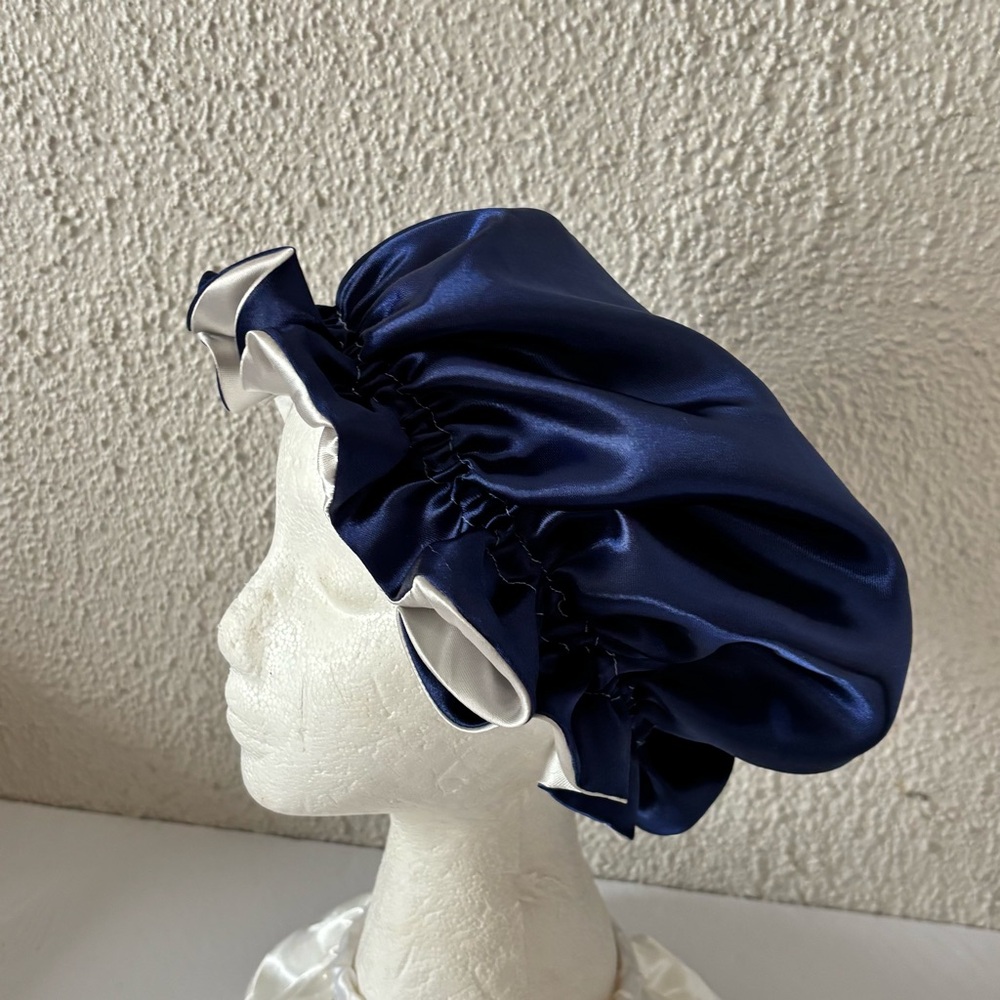 Reversible Satin Sleep Bonnet – Navy Blue & Silver – Extra Large, Elastic Fit - Picture 16 of 16